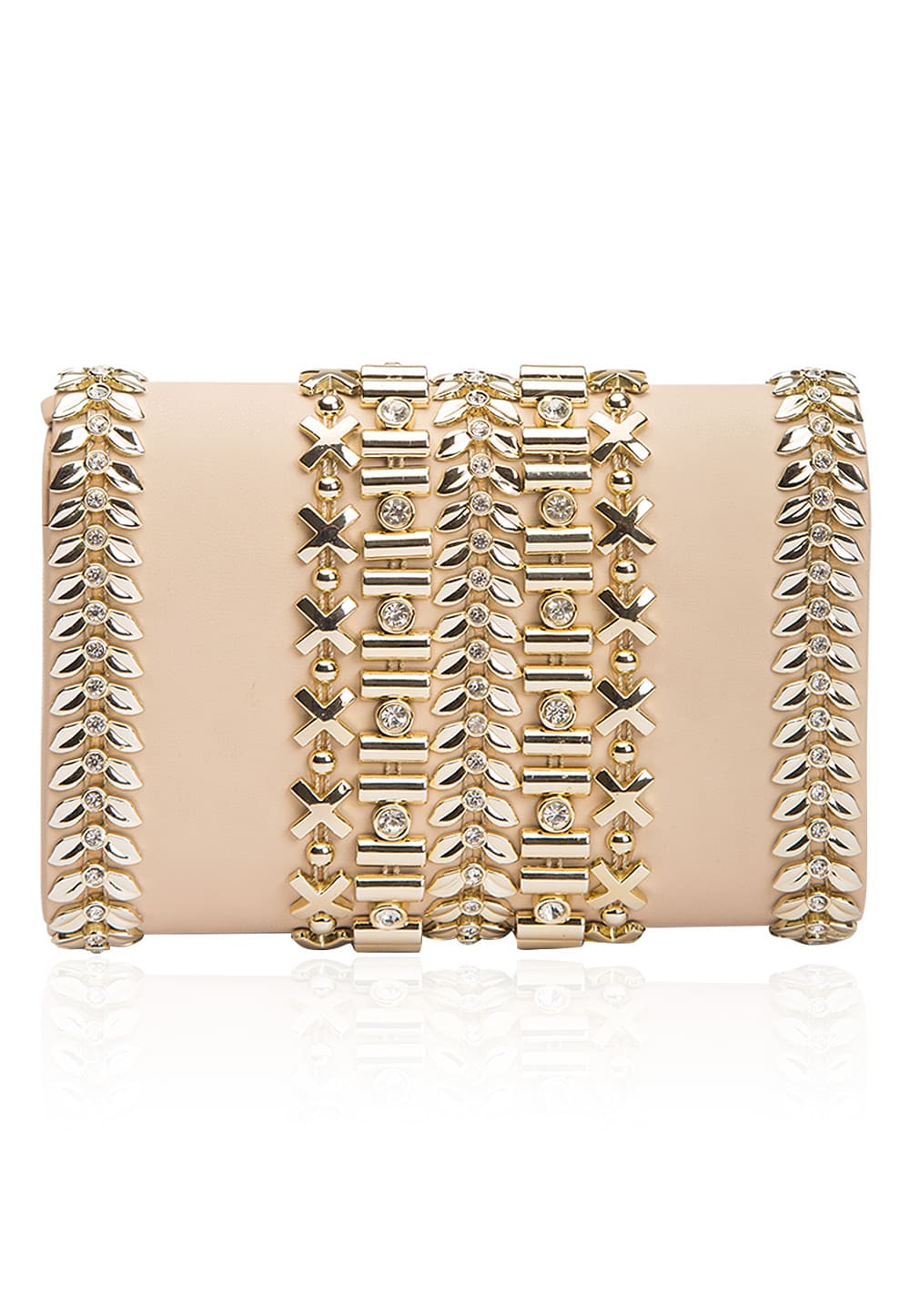 Nude Peach and Gold Metallic Belt Flapover Clutch available only at IBFW