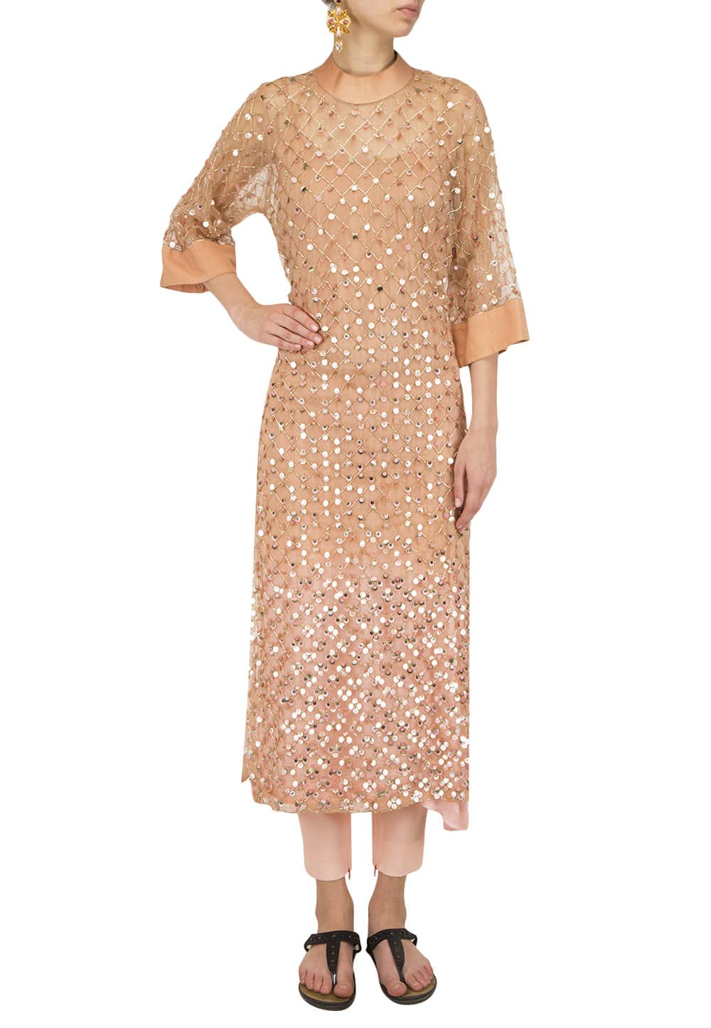 Beige sequins embroidered kurta with ...
