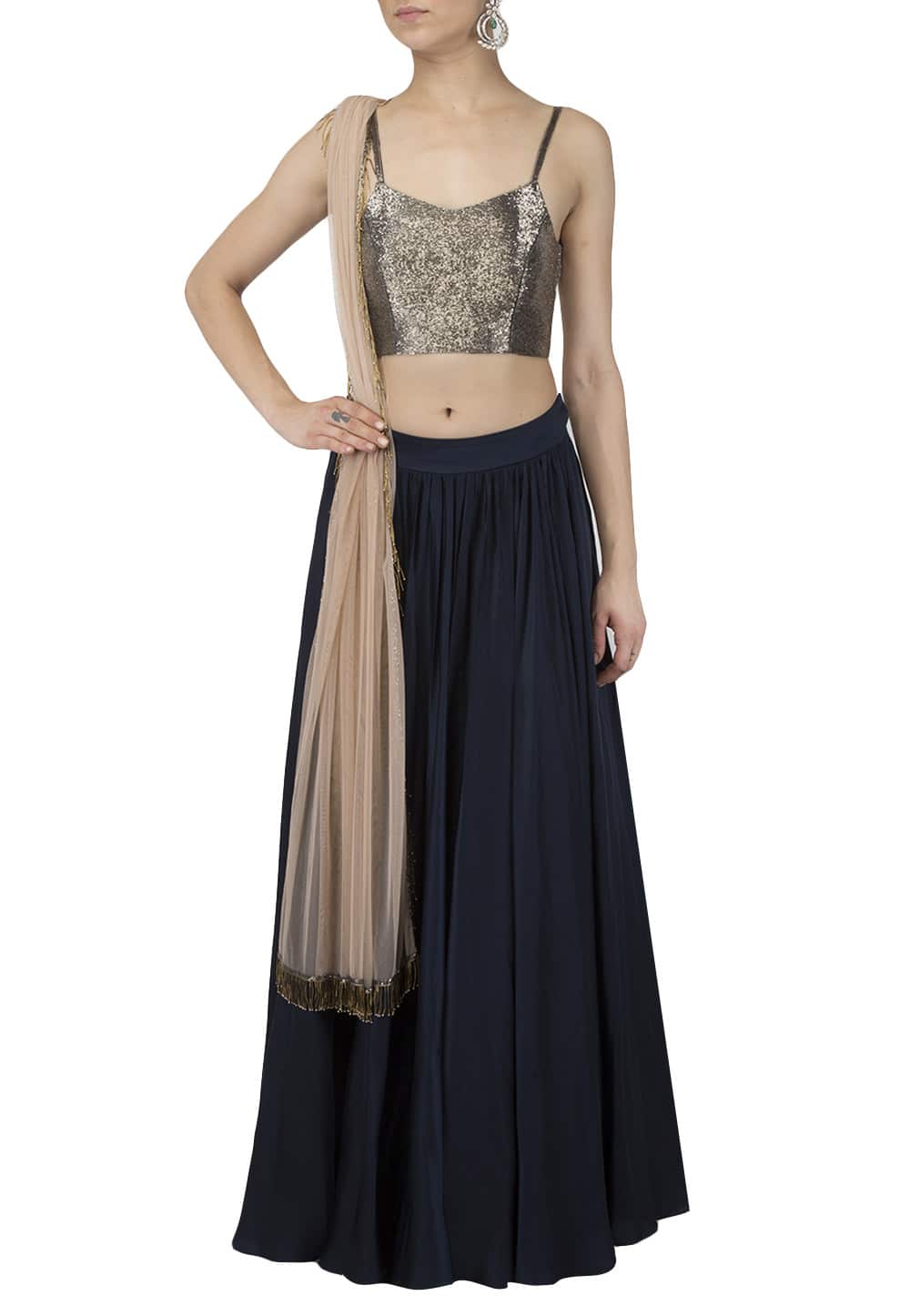 Midnight blue lehenga with silver cutdana blouse set available