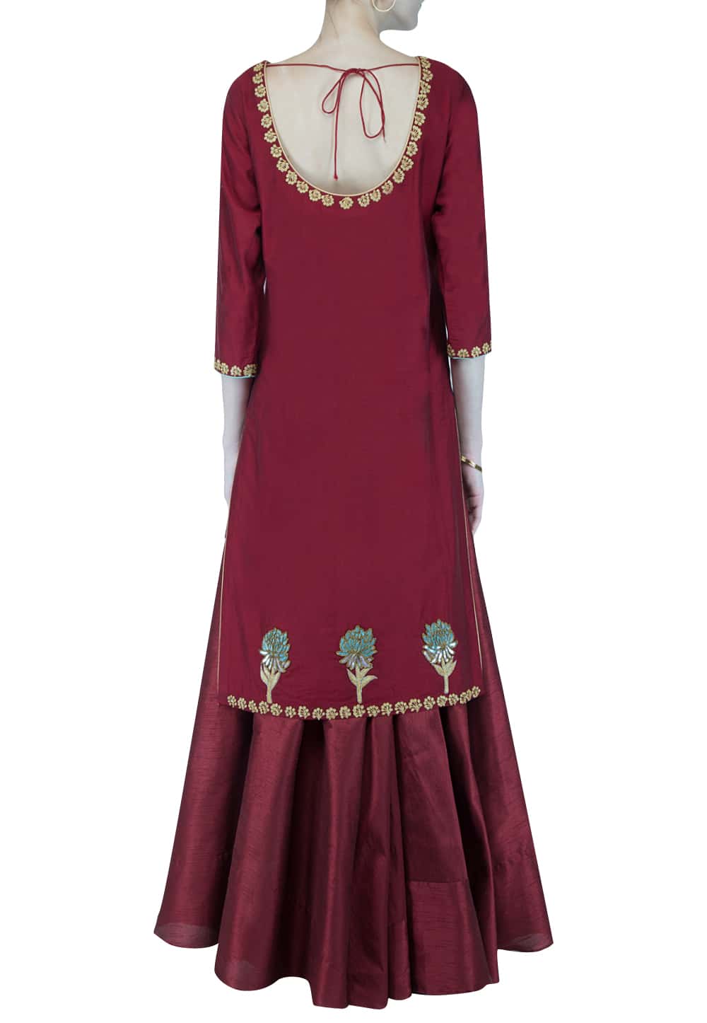 Deep red embroidered kurta with lehenga set available only at IBFW