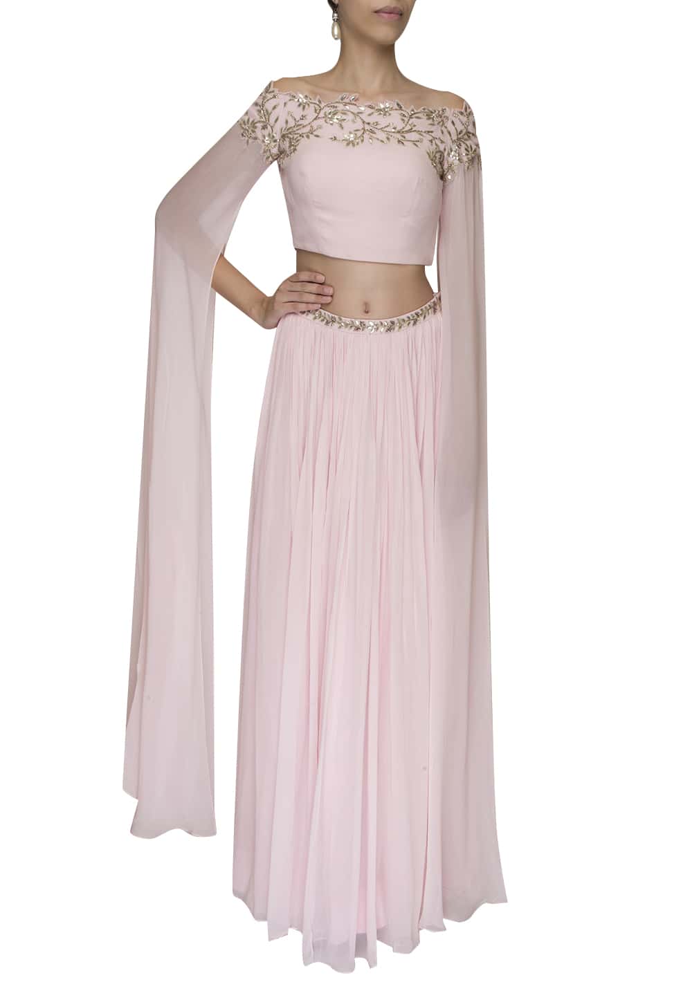 Light Pink cutwork embroidered and embellised crop top and skirt ...