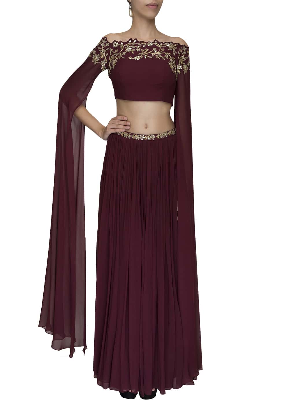 Marsala cutwork embroidered and embellised crop top and skirt ...
