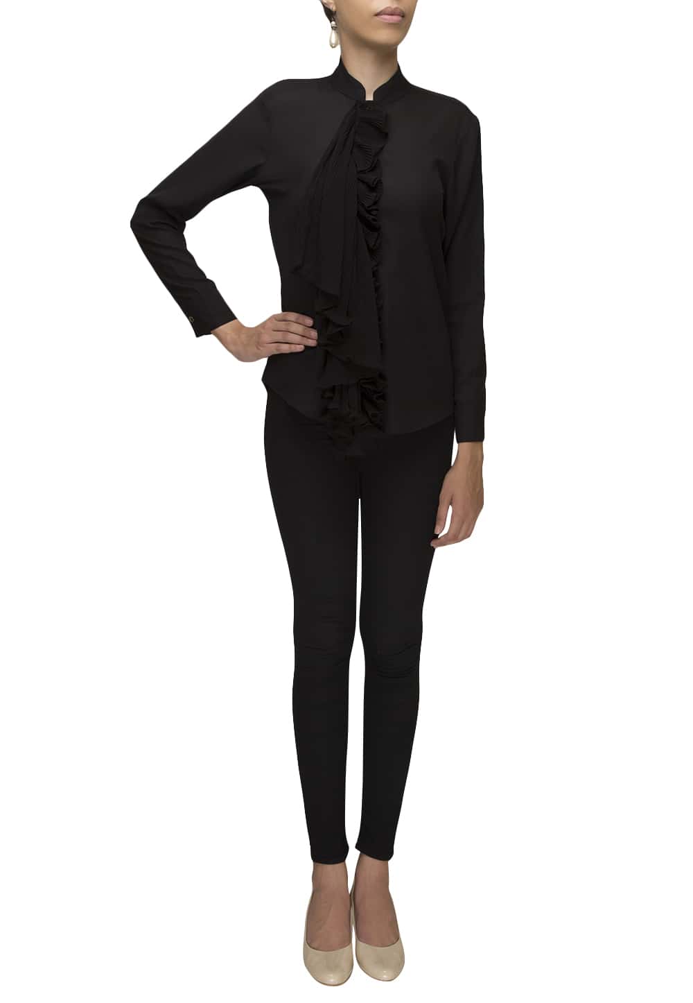 Black pleated placket shirt available only at IBFW