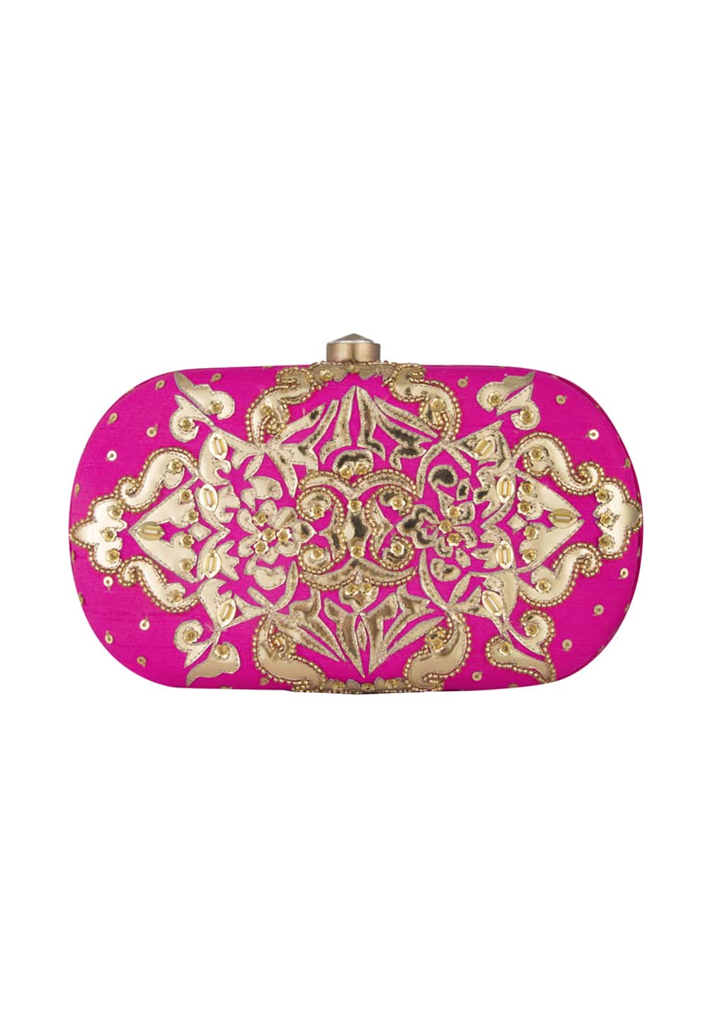 Hot pink and gold applique work oval shaped clutch available only at IBFW.