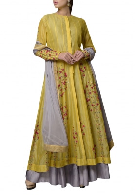 Yellow and Grey Anarkali with Skirt Set