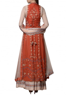 Peach and Orange Embroidered Anarkali with Crop Jacket Set