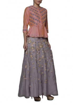 Lobster and Light Grey Embroidered Lehenga Set