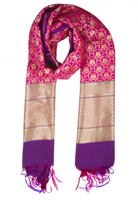 Pink Banarsi Paudi Silk Dupatta Woven Motif and Contrast Color Tassel