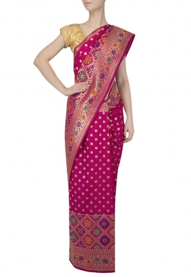 QueenS Pink Banarsi Paudi Silk Saree with Geometic Design Broad Border