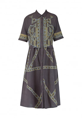 Geometric Embroidered Brown Shirt Dress