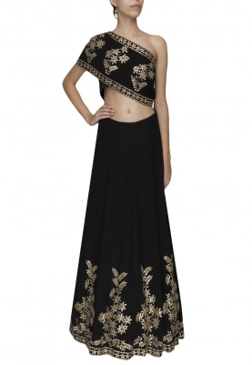 Black Gota Patti Embroidered Skirt with One Shoulder Drape Top