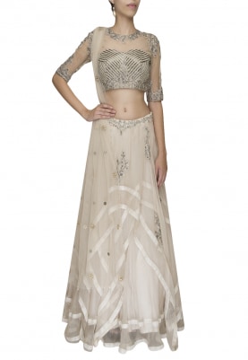 Ivory Heavy Embroidered Crop Top and Skirt with Dupatta