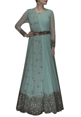 Mineral Blue Embroidered Anarkali and Dupatta