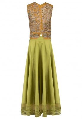 Mustard Yellow Embroidered Jacket with Green Skirt Set