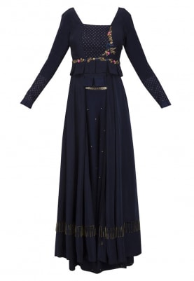 Navy Blue Embroidered Cape with Palazzo Pants Set