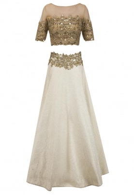Gold Embroidered Blouse with Off White Skirt