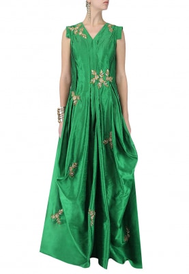 Emerald Green Embroidered Drape Gown