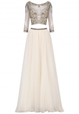 Creme Embellished Top and Flared Skirt Ensemble