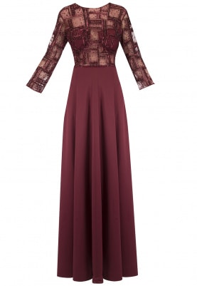 Maroon Spade Line Embroidery Gown
