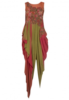 Rust and Oilve Embroidered Drape Gown