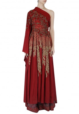 Maroon One-Shoulder Bell Sleeve Gown