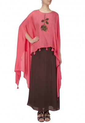 Brown Skirt With Pink Embroidered Kaftan Top