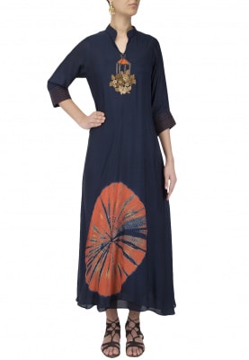 Navy Blue Embroidered Ankle Length Dress