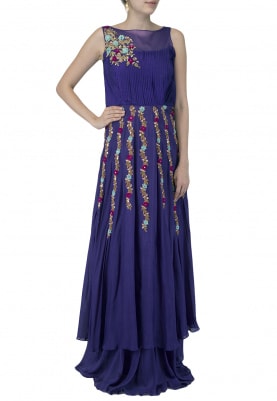 Purple Parrot Motif Embroidered Dress