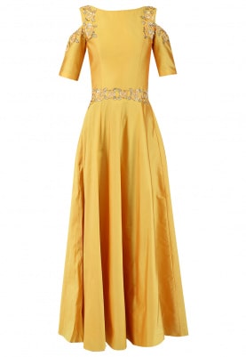 Sunflower Yellow Embroidered Cold Shoulder Dress