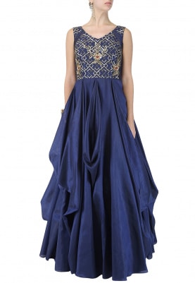 Deep Midnight Blue Embroidered Drape Gown