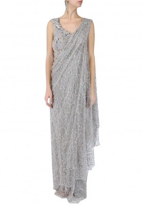 Mist Grey Embroidered Drape Saree Gown