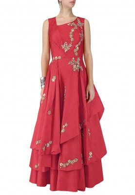 Red Embroidered Drape Gown