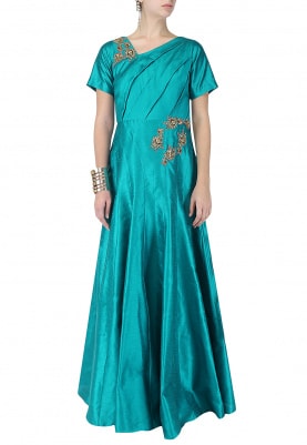 Ultramarine Green Embroidered Panelled Gown