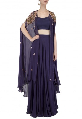 Midnight Blue Hand Embroidered Cape With Lehenga Set