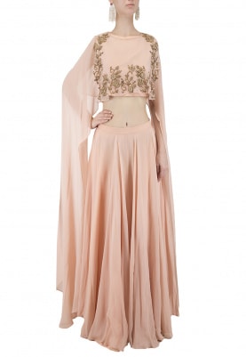 Peach Long Sleeves Cape With Skirt Set