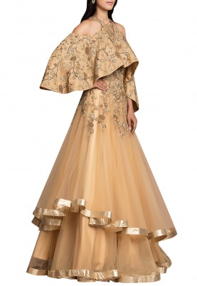 Gold Embroidered Gown with Cape and Double Layer Flare