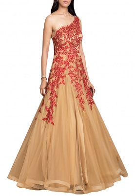 Red Rose Embroidered Gold Gown
