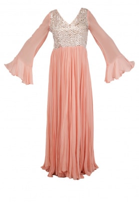 Peach Embroidered Pleated Maxi Dress