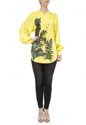 Yellow Tree And Butterfly Motif Tunic Top