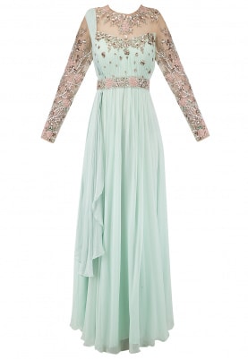 Mint Green Embroidered Anarkali with Belt