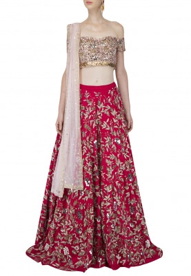 Gold and Red Embroidered Lehenga Set