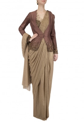 Gold Prestitched Drape Saree with Blouse and Embroidered Jacket Set
