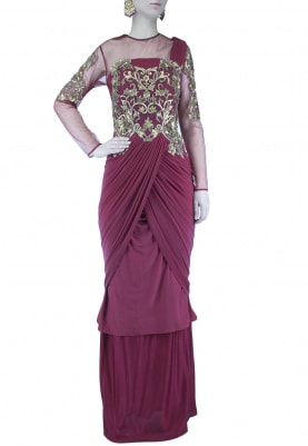 Wine Sequins Embroidered Saree Gown