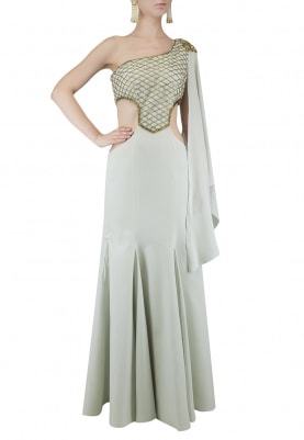 Sky Grey Embroidered Fish Cut Gown