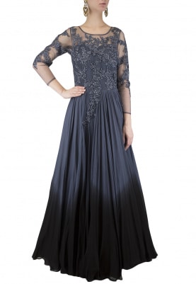 Grey To Black Ombred Embroidered Gown