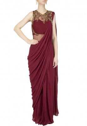 Maroon Embroidered Saree Gown