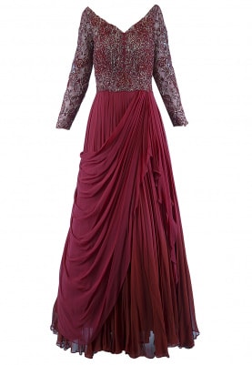 Deep Maroon Embroidered Drape Gown