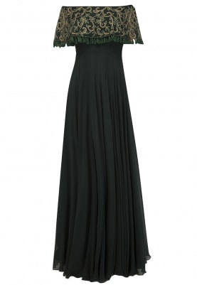 Emerald Green Embroidered Off-Shoulder Cape Gown
