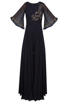 Deep Blue Bell Sleeves Embroidered Jumpsuit