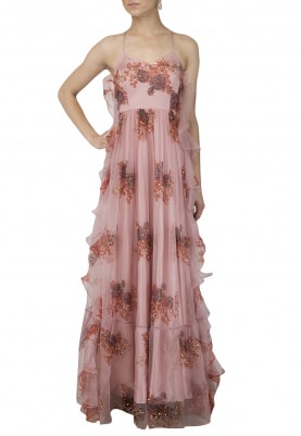Pink Printed Ruffled Gown